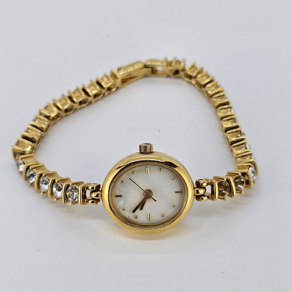 Women's Analog Watch 20MM White MOP Dial Gold Crystals Bands 6.5" NEW Battery